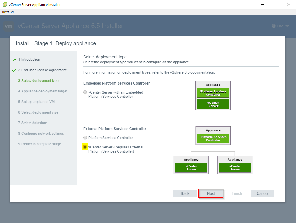 Installing vCenter with External Platform Services Controller Installing vCenter Server Stage